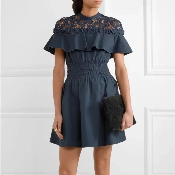 Self-Portrait | Dresses | Self Portrait Navy Lace Insert Fit Flare Dress |  Poshmark